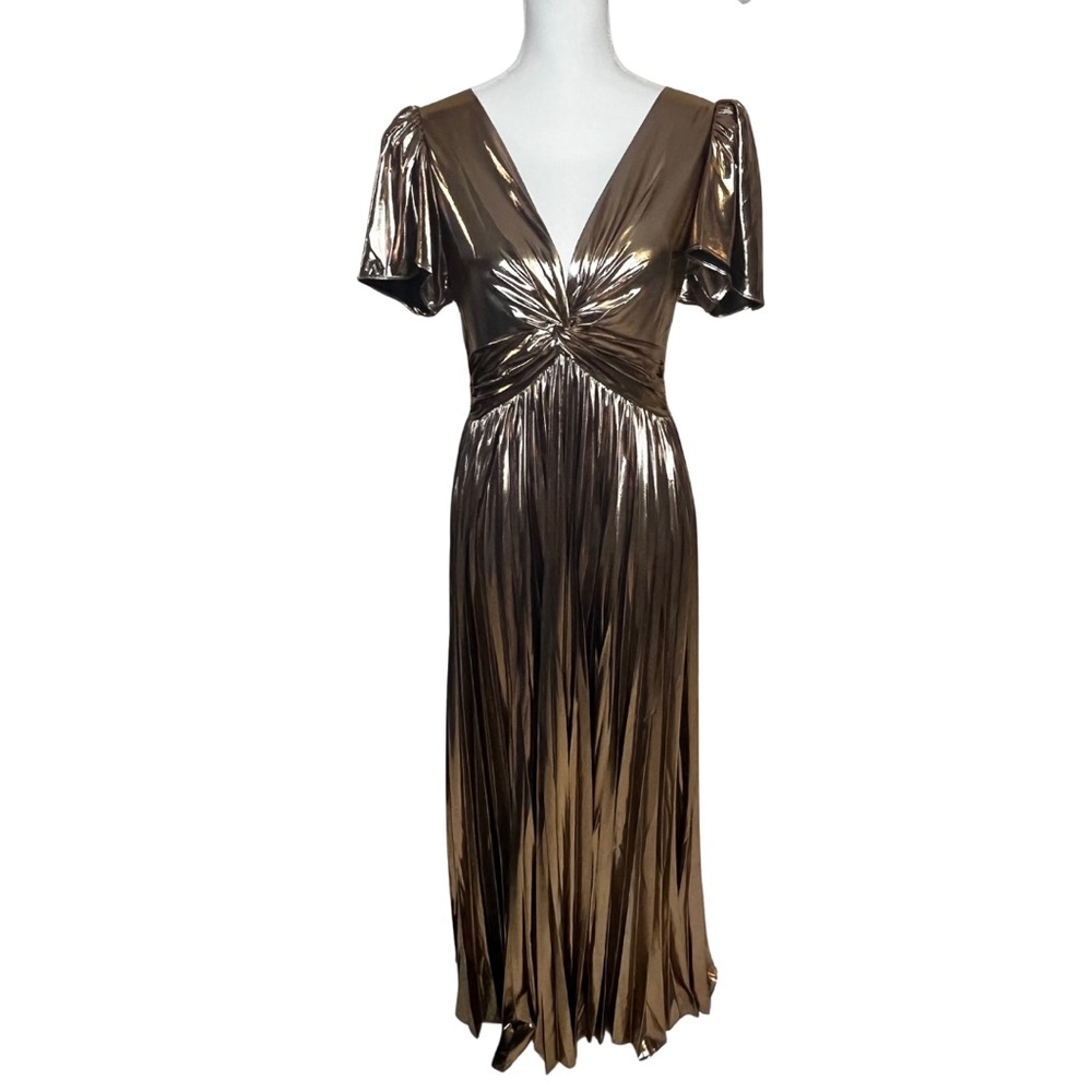 Skies Are Blue Metallic Bronze Twist-Front Pleated Maxi Dress - Picture 5 of 12